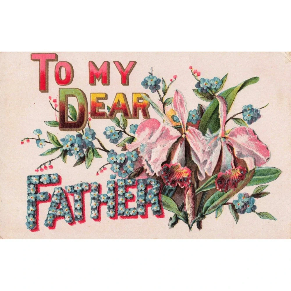 Vintage To My Dear Father Embossed Postcard Floral Orchid Forget-Me-Not Unused